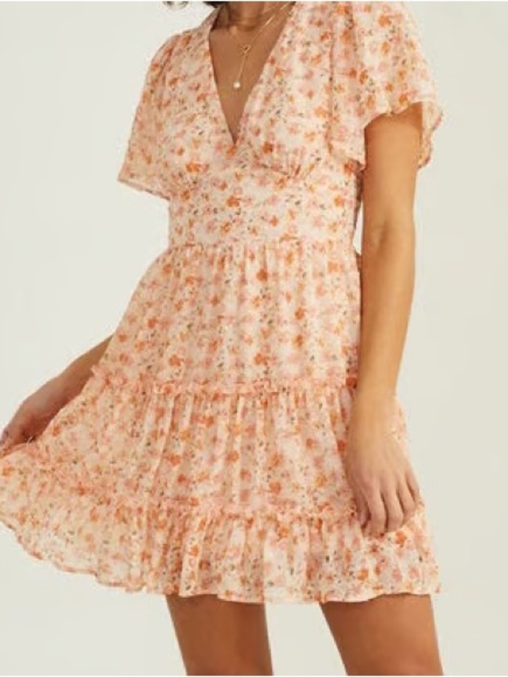 Altar'd State Peach Floral Tiered V-Neck Mini Dress